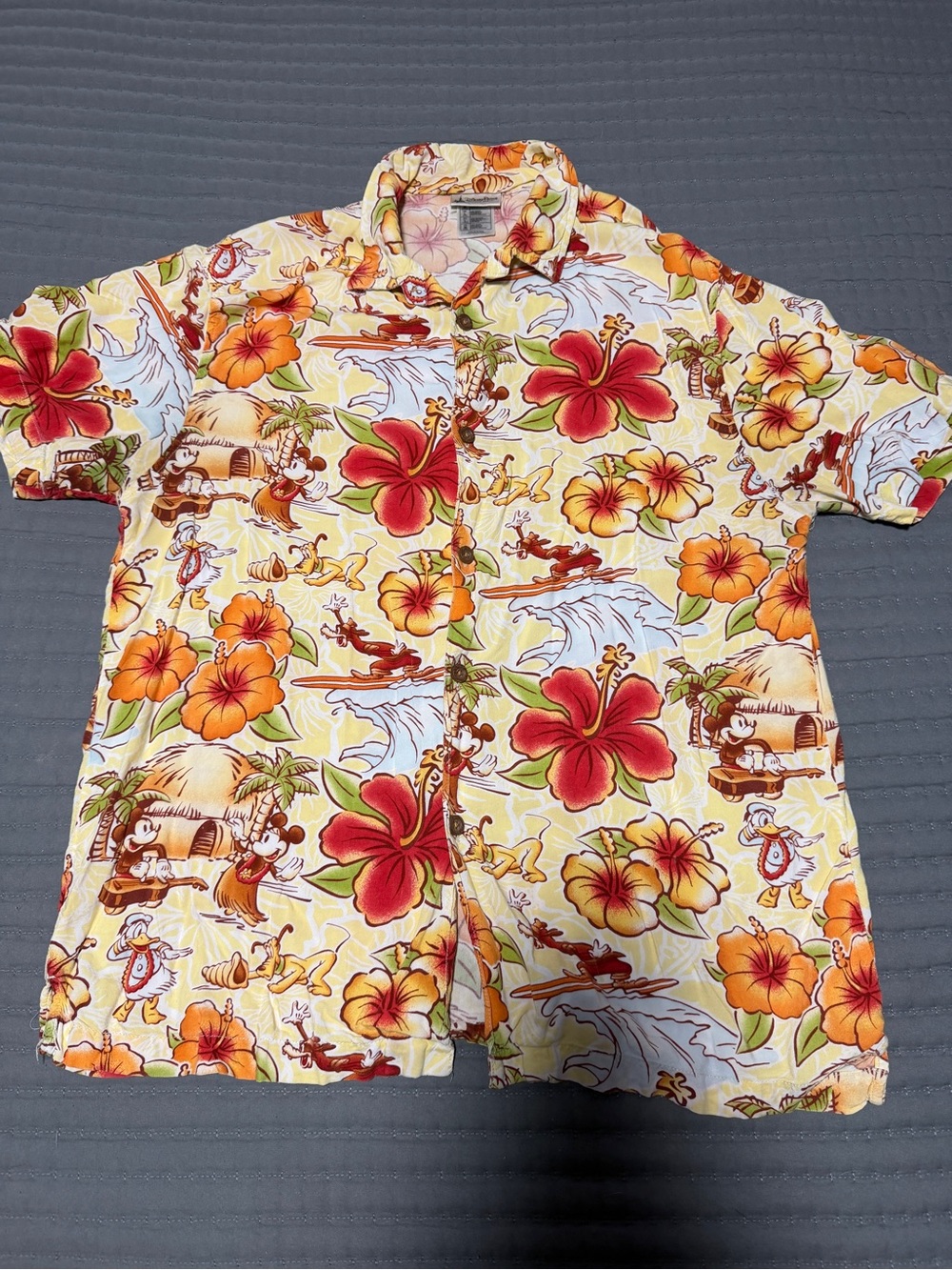 Disney Tropical Hibiscus Hawaiian Shirt in Yellow, Red & Orange